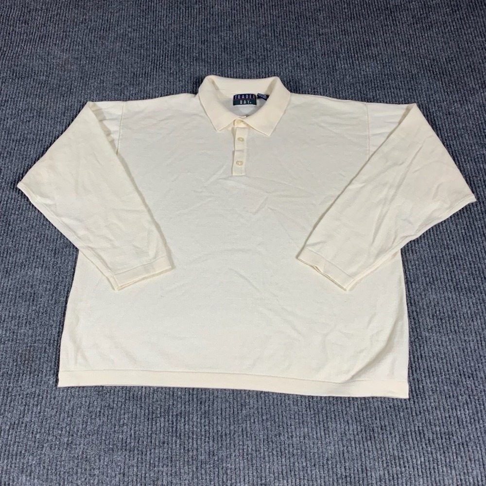 Trader‎ Bay Sweater Mens Extra Large White Cream Collared Merino Wool Blend 90s